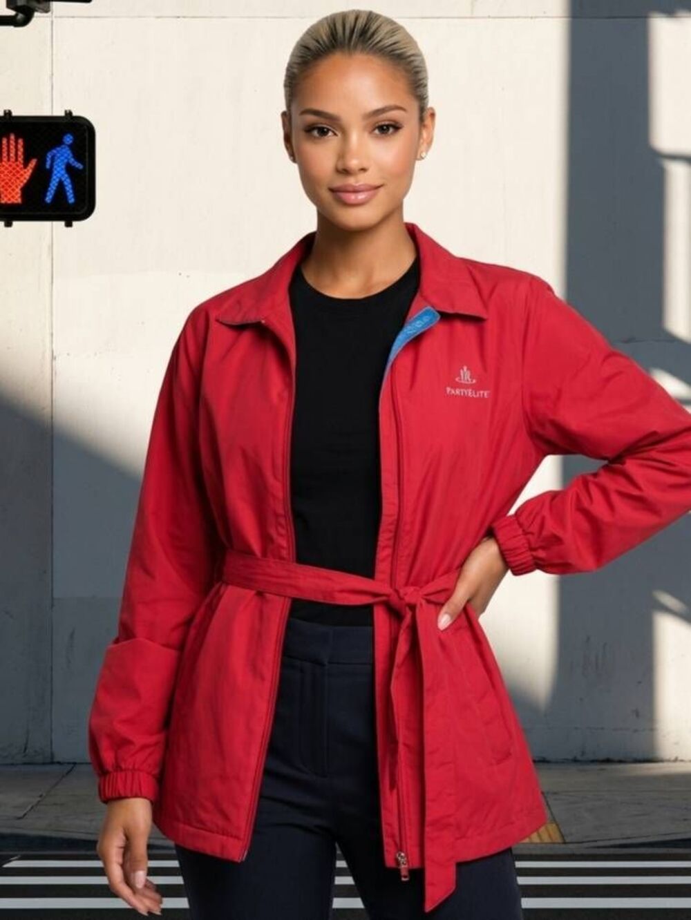 💜PartyLite Red Lightweight Belted Trench Windbreaker Jacket Medium